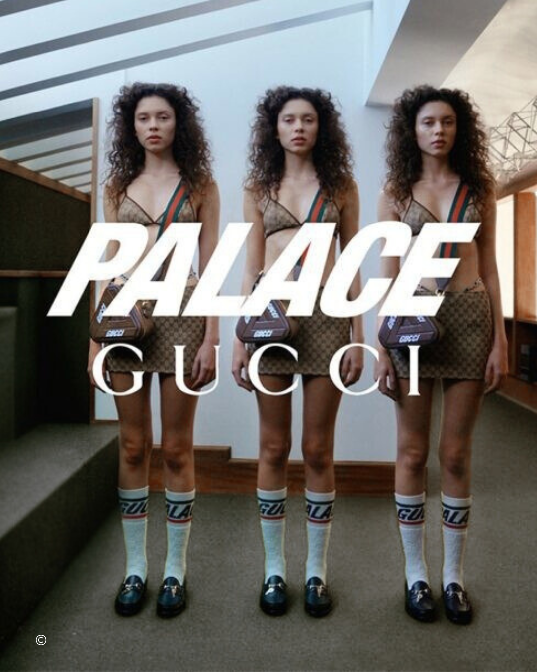 Palace Skateboards x Gucci Kampagnenmotiv: Triptychon mit Logo-Overlay